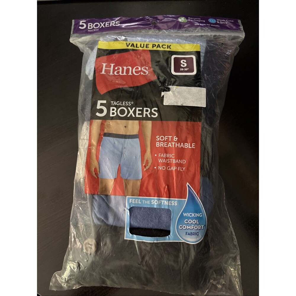 Hanes MKCBX5 Mens Tagless Soft Cool Wicking Boxers Size Small Pack of 5
